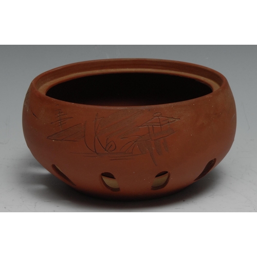 769 - A Japanese Yixing type terracotta kettle and stand, 30cm high overall