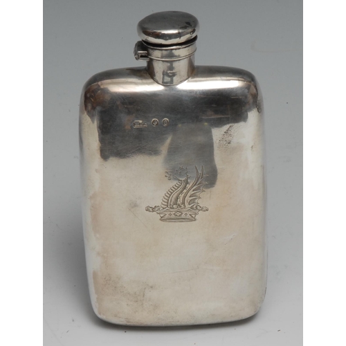 240 - A Victorian silver rounded rectangular hip flask, hinged domed bayonet cap, crested, 13cm high, Hill... 