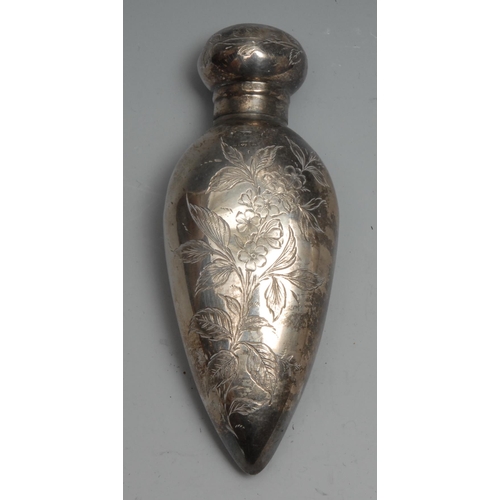 257 - An Aesthetic Movement silver scent bottle, profusely engraved with a bird and a butterfly amongst fl... 