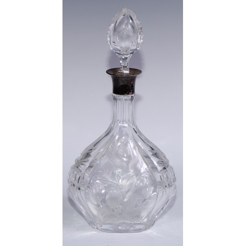 142 - A George V silver mounted decanter, cut and etched with ripe fruit, 31cm high, John Grinsell & Sons,... 