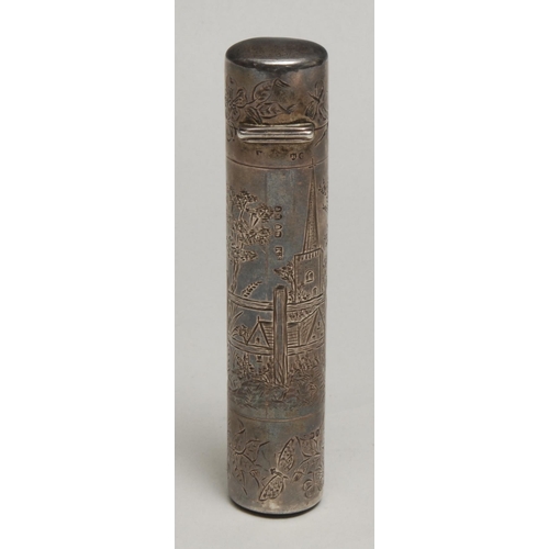 221 - A Victorian Aesthetic Movement silver cylindrical double-ended scent bottle, engraved in the manner ... 