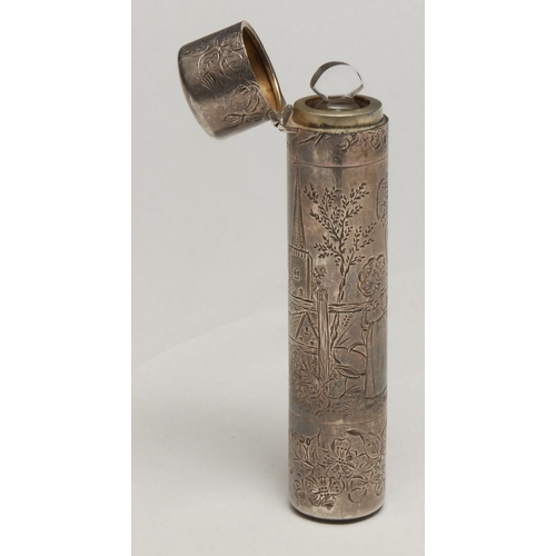 221 - A Victorian Aesthetic Movement silver cylindrical double-ended scent bottle, engraved in the manner ... 