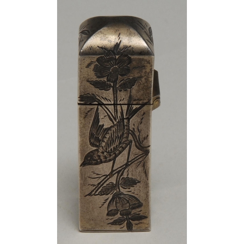 222 - A Victorian silver Aesthetic Movement silver square scent bottle, engraved in the Japanese taste wit... 