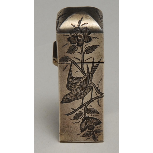 222 - A Victorian silver Aesthetic Movement silver square scent bottle, engraved in the Japanese taste wit... 