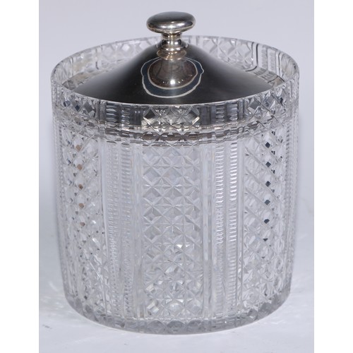 143 - A George V silver mounted hobnail cut glass sweetmeat barrel, star-cut base, 17cm high, Thomas Jones... 