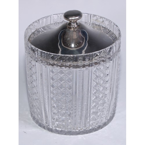 143 - A George V silver mounted hobnail cut glass sweetmeat barrel, star-cut base, 17cm high, Thomas Jones... 