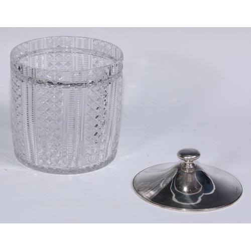 143 - A George V silver mounted hobnail cut glass sweetmeat barrel, star-cut base, 17cm high, Thomas Jones... 