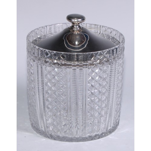 143 - A George V silver mounted hobnail cut glass sweetmeat barrel, star-cut base, 17cm high, Thomas Jones... 