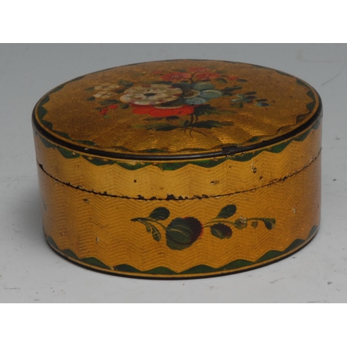 830 - A 19th century papier mache and vernis martin circular table snuff box, push-fitting cover painted w... 