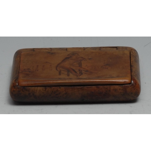 836 - Napoleonic Interest - a 19th century burr wood snuff box, hinged cover decorated with Napoleon Bonap... 