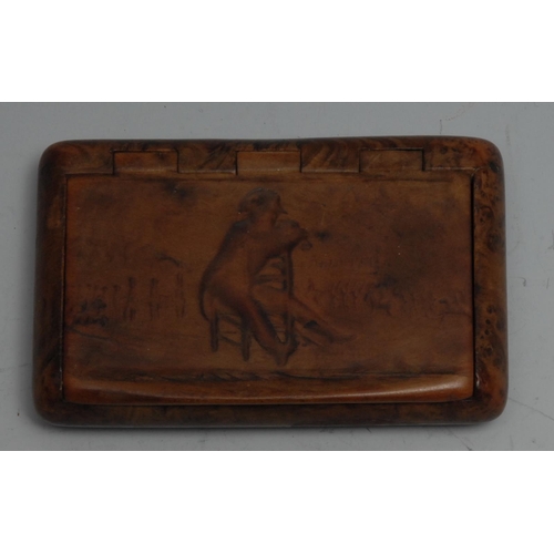 836 - Napoleonic Interest - a 19th century burr wood snuff box, hinged cover decorated with Napoleon Bonap... 