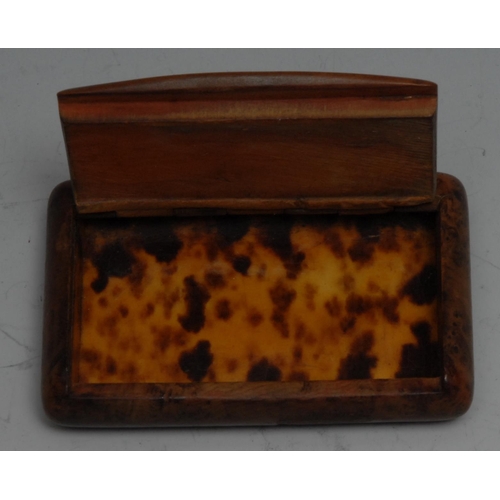 836 - Napoleonic Interest - a 19th century burr wood snuff box, hinged cover decorated with Napoleon Bonap... 