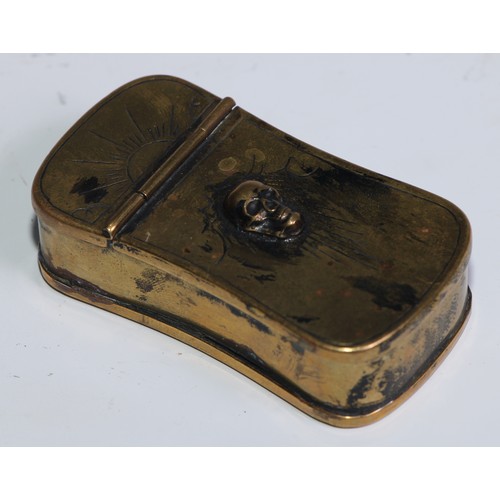 833 - A George III brass momento mori snuff box, hinged cover applied with a skull, 7cm long, c.1800