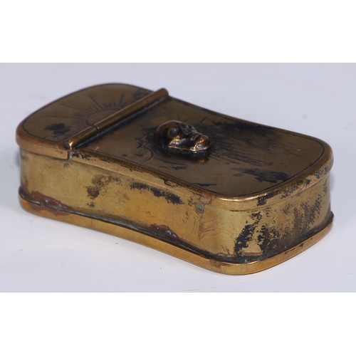 833 - A George III brass momento mori snuff box, hinged cover applied with a skull, 7cm long, c.1800