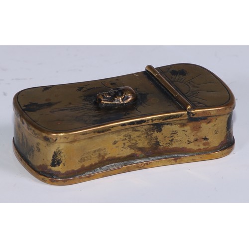 833 - A George III brass momento mori snuff box, hinged cover applied with a skull, 7cm long, c.1800