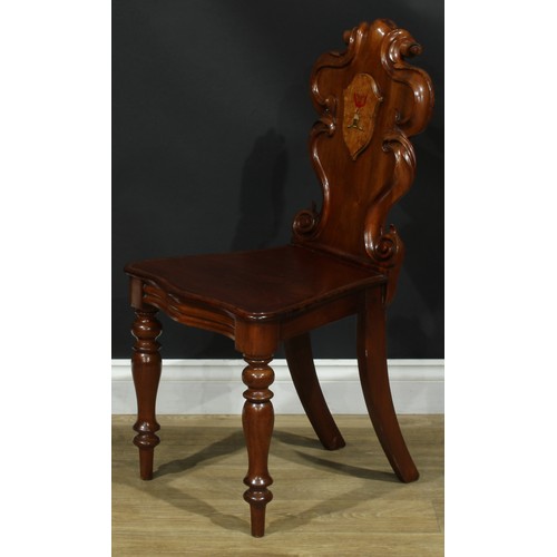 1407 - A pair of Victorian armorial hall chairs, cartouche shaped back applied with polychrome painted cres... 