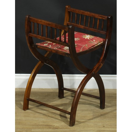 1399 - A pair of late 19th century campaign type folding X-frame stools, each with two settings, adjustable... 