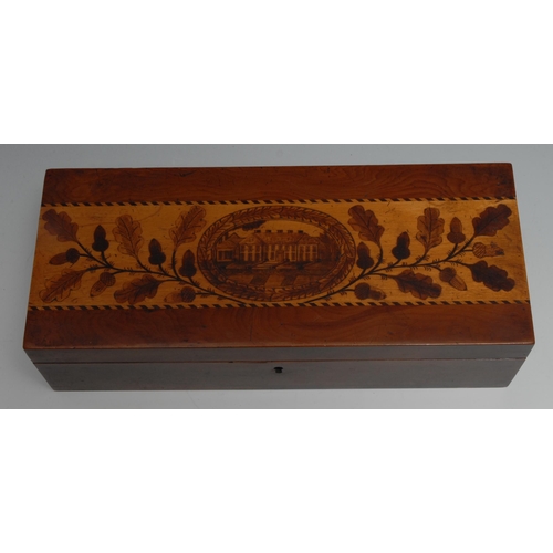 1157 - An Irish Killarney marquetry rectangular box, hinged cover inlaid with a country house, within an ov... 