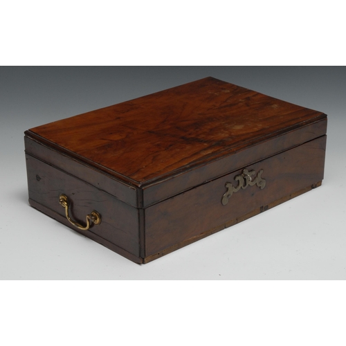 1143 - An 18th century walnut rectangular box, hinged cover, brass bar shaped escutcheon, swan neck carryin... 