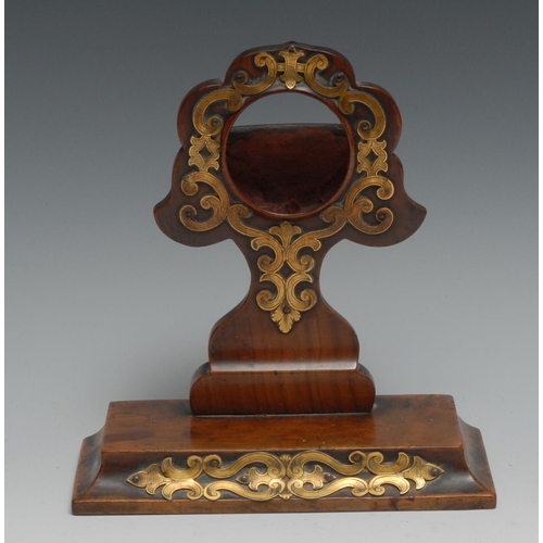 1209 - A Victorian lacquered brass mounted walnut pocket watch stand, applied with Gothic scroll cut-card w... 