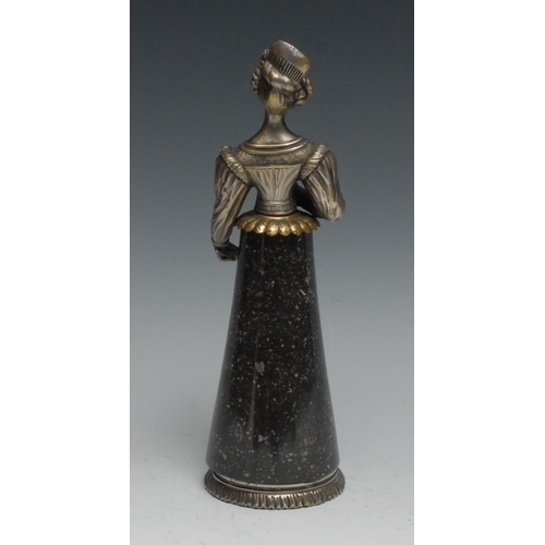 1160 - An unusual French silvered bronze and marble desk weight, as a lady of fashion, 26.5cm high