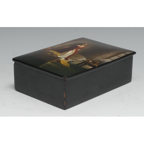 1202 - A Russian lacquer rectangular box, hinged cover painted in polychrome with a young lady, 15.5cm wide... 