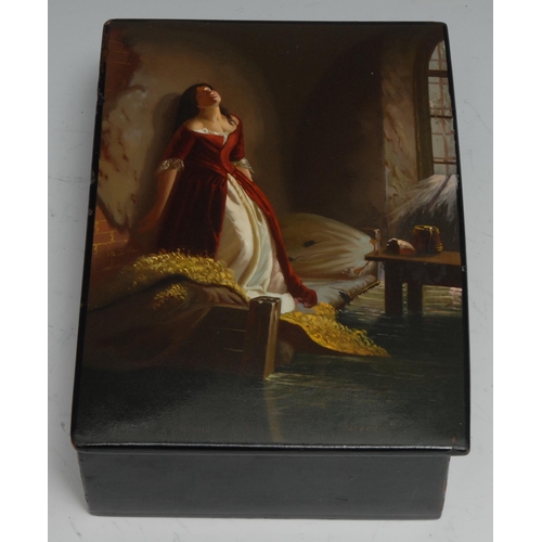 1202 - A Russian lacquer rectangular box, hinged cover painted in polychrome with a young lady, 15.5cm wide... 