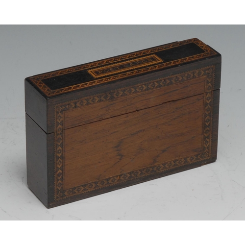 1140 - A Victorian Tunbridge ware and rosewood rectangular post card box, push-fitting cover, 7.5cm high, c... 