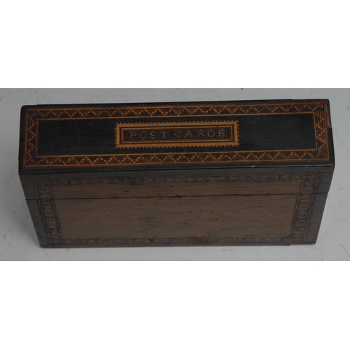 1140 - A Victorian Tunbridge ware and rosewood rectangular post card box, push-fitting cover, 7.5cm high, c... 