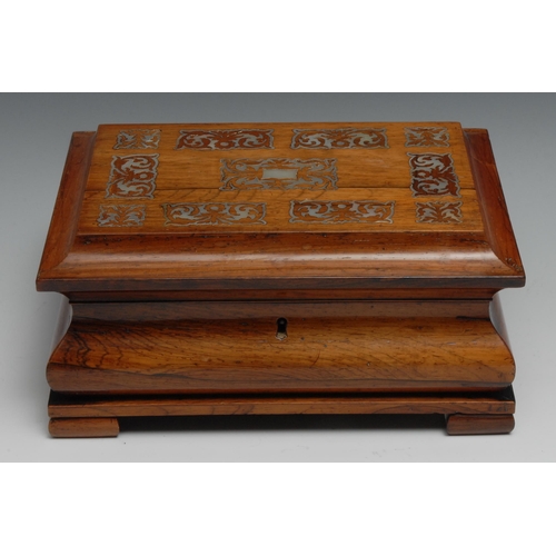 1254 - A George IV rosewood and mother of pearl marquetry bombe shaped sarcophagus work box, hinged cover e... 