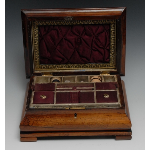 1254 - A George IV rosewood and mother of pearl marquetry bombe shaped sarcophagus work box, hinged cover e... 