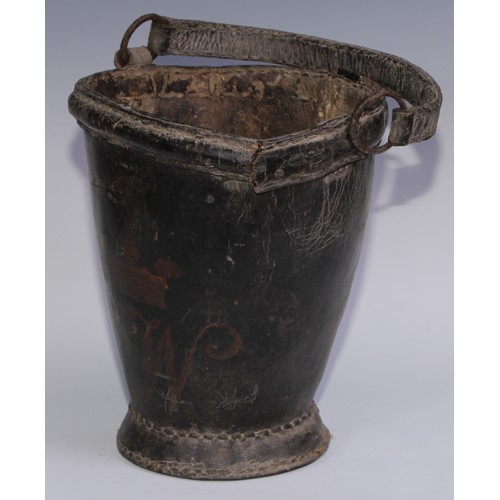 881 - A 19th century leather country house armorial fire bucket, painted in polychrome with the crest of M... 