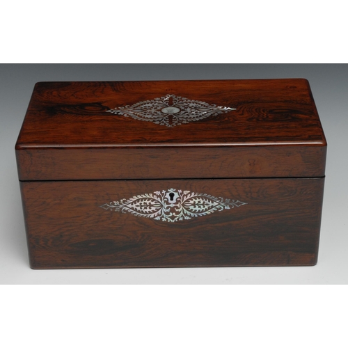 1259 - A large Victorian rosewood and mother of pearl marquetry rectangular tea caddy, probably Irish, hing... 