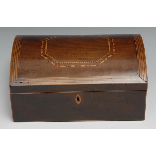 1251 - A George III mahogany domed rectangular work box, hinged cover inlaid and outlined with boxwood, nav... 