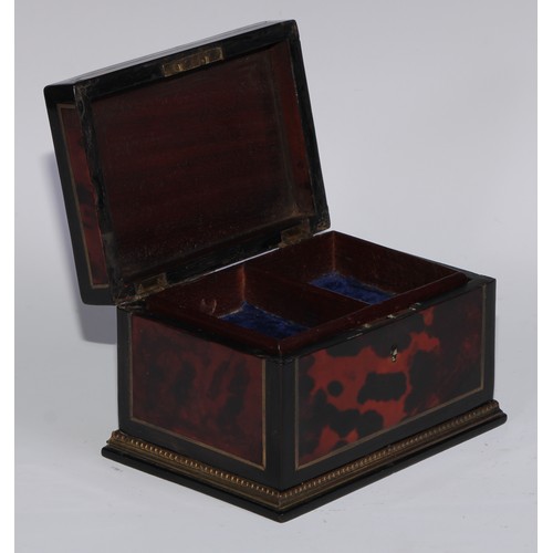 880 - A 19th century gilt metal mounted tortoiseshell and ebonised rectangular jewel casket, hinged cover ... 