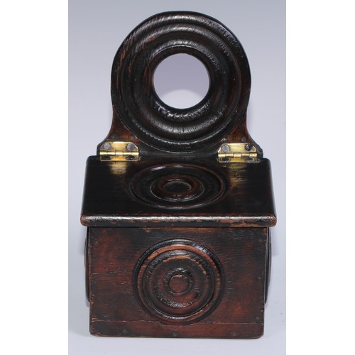 1071 - A 19th century vernacular pine salt box, decorated with draught turned roundels, 17cm wide, c.1850