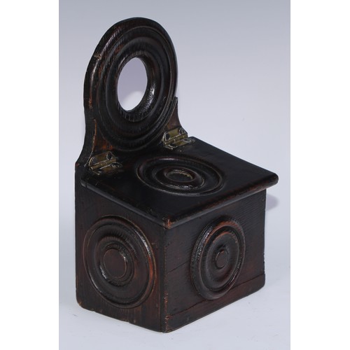 1071 - A 19th century vernacular pine salt box, decorated with draught turned roundels, 17cm wide, c.1850