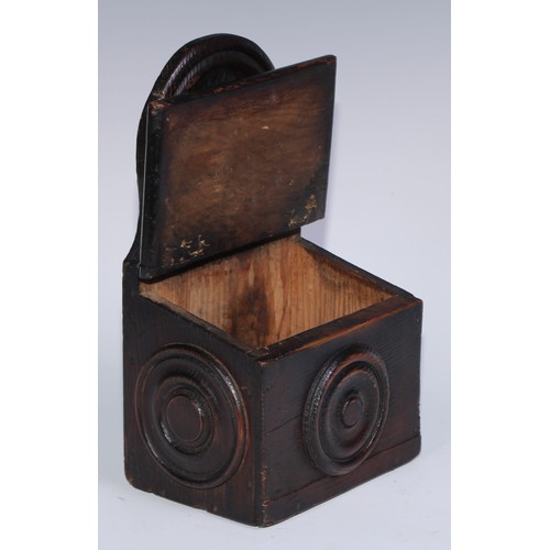 1071 - A 19th century vernacular pine salt box, decorated with draught turned roundels, 17cm wide, c.1850