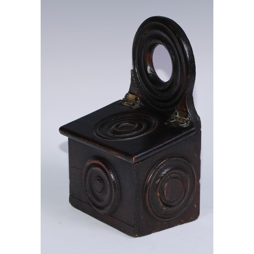 1071 - A 19th century vernacular pine salt box, decorated with draught turned roundels, 17cm wide, c.1850