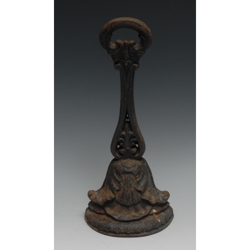 1207 - A Victorian cast iron door stop, bosted handle, the demi-lune base cast with acanthus, signed Kenric... 