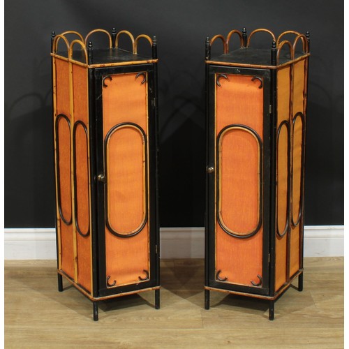 1375 - A pair of Aesthetic Movement bamboo and parcel-ebonised pedestal cabinets, each with three-quarter l... 