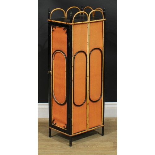 1375 - A pair of Aesthetic Movement bamboo and parcel-ebonised pedestal cabinets, each with three-quarter l... 