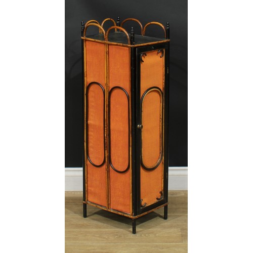 1375 - A pair of Aesthetic Movement bamboo and parcel-ebonised pedestal cabinets, each with three-quarter l... 