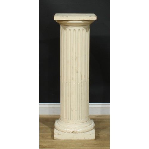 945 - A 19th century Neoclassical painted statuary pedestal, as a stop-fluted column, laurel socle, square... 