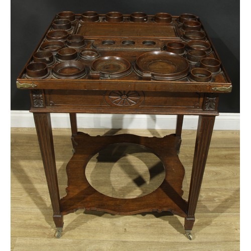 1620 - An unusual late 19th century oak perfumer’s table, rectangular top with shallow gallery and an arran... 