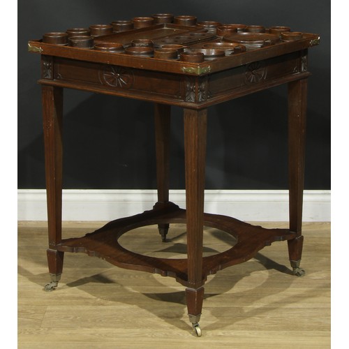 1620 - An unusual late 19th century oak perfumer’s table, rectangular top with shallow gallery and an arran... 