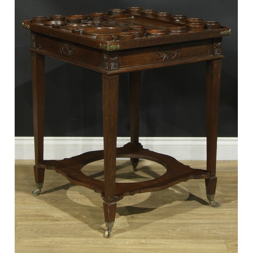 1620 - An unusual late 19th century oak perfumer’s table, rectangular top with shallow gallery and an arran... 