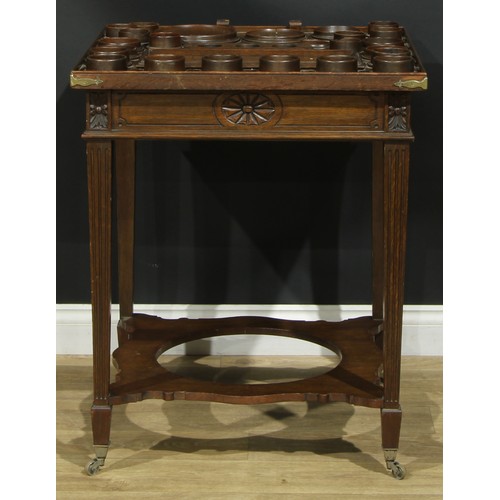 1620 - An unusual late 19th century oak perfumer’s table, rectangular top with shallow gallery and an arran... 