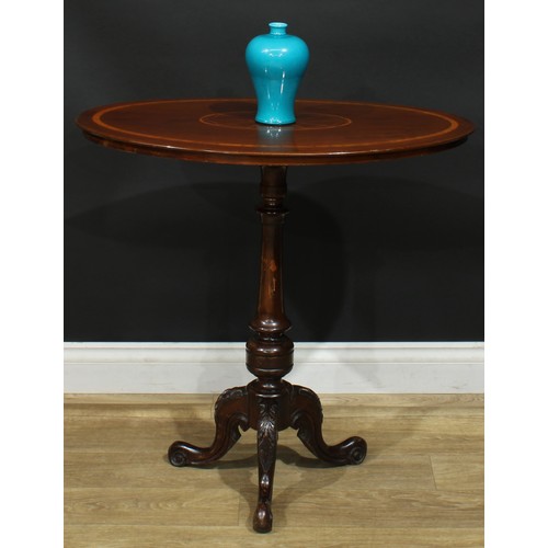 938 - A 19th century mahogany tripod occasional table, oval satinwood banded top inlaid with batwing trace... 