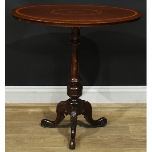 938 - A 19th century mahogany tripod occasional table, oval satinwood banded top inlaid with batwing trace... 